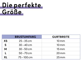 Größentabelle für Haustiergeschirre auf Deutsch, die den Brustumfang und die Gurtbreite für die Größen XS bis XL detailliert.
