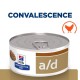 Nourriture pour animaux de compagnie en conserve Hill's Prescription Diet a/d pour convalescence, avec une icône de poulet et un design de couvercle à tirette.