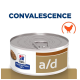 Nourriture pour animaux de compagnie en conserve Hill's Prescription Diet a/d pour convalescence, avec une icône de poulet et un design de couvercle à tirette.