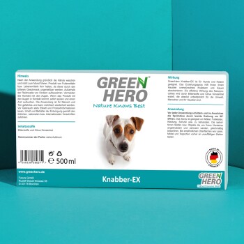 Etikett für Green Hero Knabber-EX, ein Haustierprodukt für Hunde und Katzen, mit einem kleinen Hundebild, Anwendungshinweisen und Zutaten.