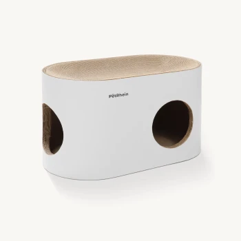 Weißer Katzenkratzbaum mit zwei runden Öffnungen und einer strukturierten Oberseite, markiert mit "pëtRhein."