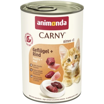Dose Animonda CARNY Kittenfutter (Kitten <1) mit Aufschrift 'Geflügel + Rind', Foto eines orangefarbenen Kätzchens und Fleischstücke