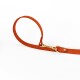 Eine orange Wildleder-Hundeleine mit einem goldenen Metallclip, vor einem weißen Hintergrund präsentiert.