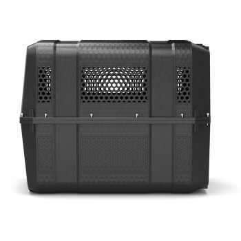 Schwarze Haustiertrage mit Belüftungsöffnungen, stabiler Bauweise und sicheren Riegeln, geeignet für den sicheren Transport von Haustieren.