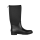 Schwarzer Gummiregenstiefel mit einem hohen Neoprenschaft und strukturiertem Boden, vor einem weißen Hintergrund präsentiert.