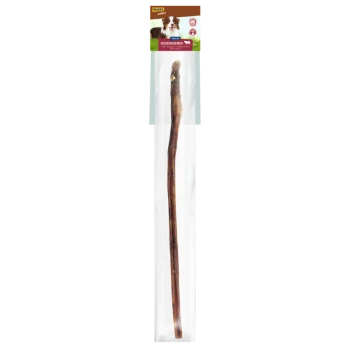 Ein langer, natürlicher Hundekau-Stick verpackt in klarem Plastik, mit einem Header mit einem Hundebild und dem Text "Ochsenziemer" oben.