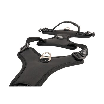 Schwarzes verstellbares Hundegeschirr mit Metall-D-Ringen und Schnellverschluss-Schnallen auf weißem Hintergrund.