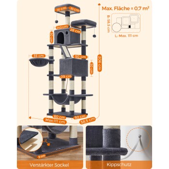 Ein 206 cm hoher grauer Katzenbaum mit zwei Plattformen, einer gemütlichen Höhle und einer Hängematte, mit Abmessungen und Montageanleitungen in orangefarbener Schrift.