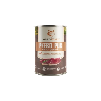 Dose WILDFANG-Hundefutter mit Aufschrift 'PFERD PUR B.A.R.F. QUALITÄT' und Abbildung von rohem Fleisch.