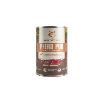 Dose WILDFANG-Hundefutter mit Aufschrift 'PFERD PUR B.A.R.F. QUALITÄT' und Abbildung von rohem Fleisch.