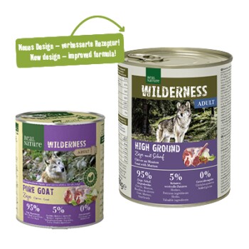 Dosen-Hundefutter von Real Nature: Geschmäcker 'Wilderness Adult' und 'Pure Goat', mit einem Banner, das 'Neues Design - verbesserte Formel!' liest.