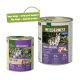 Dosen-Hundefutter von Real Nature: Geschmäcker 'Wilderness Adult' und 'Pure Goat', mit einem Banner, das 'Neues Design - verbesserte Formel!' liest.