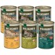 Six boîtes de nourriture pour chats Real Nature Wilderness, présentant des saveurs : Poulet Pur, Vraie Campagne, et Fiord Sombre, avec des détails nutritionnels.