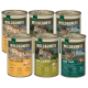 Sechs Dosen Real Nature Wilderness Katzenfutter mit den Geschmacksrichtungen: Pure Chicken, True Country und Dark Fiord, mit Nährwertangaben.