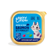 Emballage de nourriture pour chats Edgard Cooper avec un chat de dessin animé, étiqueté "Enfin du vrai saumon et poulet," avec une bordure dorée et un fond bleu.
