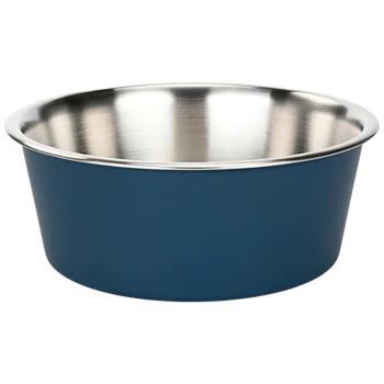 Blue pet food bowl with a stainless steel interior, designed for durability and easy cleaning.