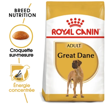 Sac de nourriture pour chiens adultes Royal Canin Great Dane avec une image de chien Great Dane, avec un texte mettant en avant la nutrition de la race et l'énergie concentrée.