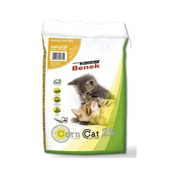 Tüte mit natürlichem Mais-Katzenstreu, die verspielte Kätzchen auf der Vorderseite zeigt, beschriftet mit "Super Benek" und "Corn Cat 25L."
