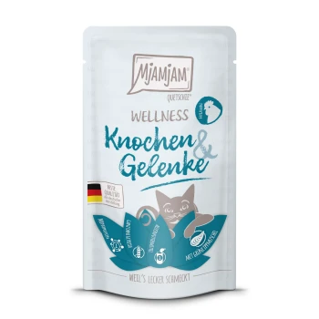 Nassfutter Katze Adult, Wellness Knochen & Gelenke 12x125 g Huhn Mjamjam Wellness-Haustierfutterbeutel mit einer verspielten Katzenillustration, beschriftet mit "Knochen & Gelenke" und einem deutschen Qualitätsabzeichen.