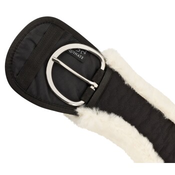 Schwarzer Sattelgurt mit einer weichen, flauschigen weißen Fütterung und einer silbernen Metallschnalle, mit dem Markennamen "Equinate."