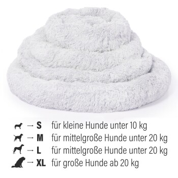 Ein weiches, graues spiralförmiges Haustierbett mit Größenoptionen: S (unter 10 kg), M (unter 20 kg), L (unter 20 kg), XL (über 20 kg).