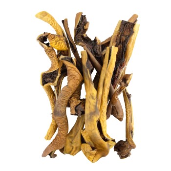 Ein Haufen natürlicher, getrockneter Hundekauartikel in verschiedenen Formen und Größen, überwiegend gelb und braun, vor einem weißen Hintergrund.