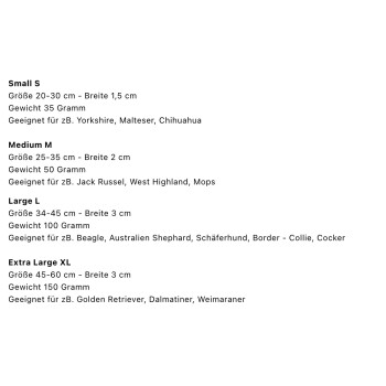 Größen- und Gewichtstabelle für Haustierhalsbänder: Klein S (20-30 cm, 35g), Mittel M (25-35 cm, 50g), Groß L (34-45 cm, 100g), Extra Groß XL (45-60 cm, 150g).