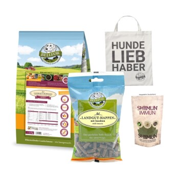 Haustierfutterprodukte: BELFOR "Landgut-Schmaus Mini," "Landgut-Happen mit Insekten," "Shiimun Immun" Ergänzung und "Hunde Liebhaber" Tasche.