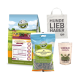 Haustierfutterprodukte: BELFOR "Landgut-Schmaus Mini," "Landgut-Happen mit Insekten," "Shiimun Immun" Ergänzung und "Hunde Liebhaber" Tasche.