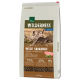 Hundefutterbeutel mit der Aufschrift "Wilderness Adult Wide Savannah", auf dem ein Wildkatze abgebildet ist, mit 75 % Geflügel und 25 % Obst und Gemüse.