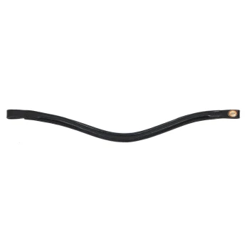 Schwarzes Lederhalsband für Hunde mit geschwungenem Design und einem kleinen Logo-Anhänger an einem Ende.