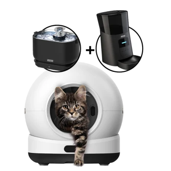 Weiße automatisierte kugelförmige Katzentoilette mit getigertem Kätzchen, das herausschaut; Einblendung: schwarzer ZEDAR-Trinkbrunnen und ZEDAR-Futterautomat.