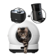 Weiße automatisierte kugelförmige Katzentoilette mit getigertem Kätzchen, das herausschaut; Einblendung: schwarzer ZEDAR-Trinkbrunnen und ZEDAR-Futterautomat.