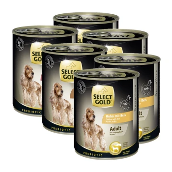 Sensitive Adult Mixpaket 6x800g Mixpaket 1 Sechs Dosen Select Gold Hundefutter mit einem goldenen Cocker Spaniel auf dem Etikett, beschriftet mit "Huhn mit Reis" und "Adult."