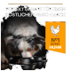 Ein blaues Merle-Hund schnüffelt an zwei schwarzen Schalen mit der Aufschrift "Purina Pro Plan" mit dem Text: "Perfekt gegart für einen köstlichen Geschmack" und "Nr. 1 Zutat Huhn."