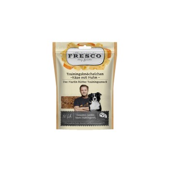 Fresco Hundefutter Trainingsleckerlis mit Käse und Huhn, mit Mann und Hund, 150g, ohne künstliche Zusatzstoffe.