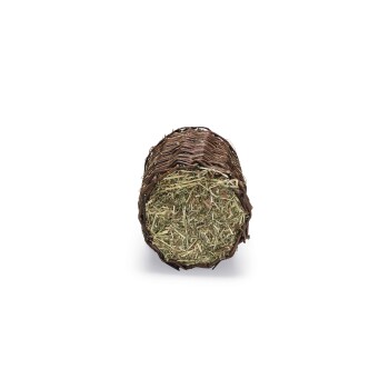 Ein runder Weidenkorb, gefüllt mit grünem Heu, von oben betrachtet, geeignet für kleine Haustiere wie Kaninchen oder Meerschweinchen.