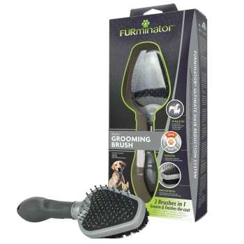 Brosse de toilettage FURminator double avec boîte ; l'emballage indique "Dual Grooming Brush" et "2 Brushes in 1".