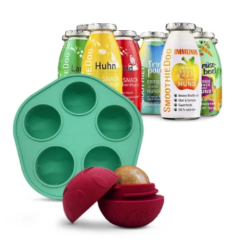 Flaschen mit SmoothieDog Hundesnacks in verschiedenen Geschmacksrichtungen mit einer grünen Silikonform und einem roten Leckerli-Spender, der eine Snackkugel hält.