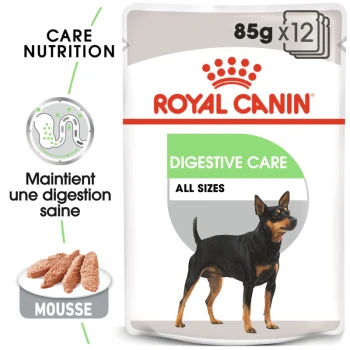 Emballage de nourriture pour chiens Royal Canin Digestive Care, présentant un chien noir et feu, avec un texte indiquant "85g x 12" et "Maintient une digestion saine."