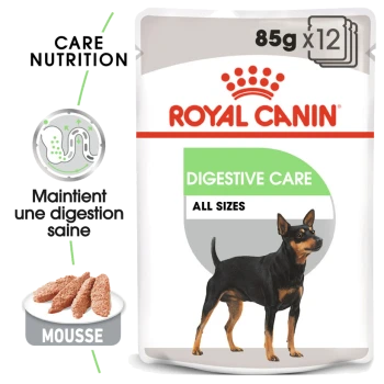 Emballage de nourriture pour chiens Royal Canin Digestive Care, présentant un chien noir et feu, avec un texte indiquant "85g x 12" et "Maintient une digestion saine."