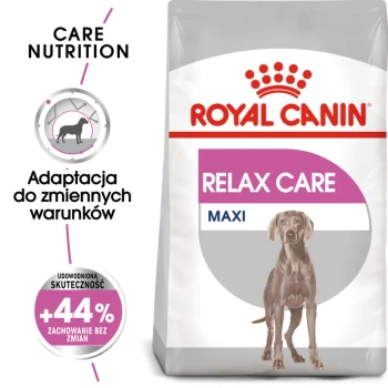 Torba karmy dla psów Royal Canin Relax Care Maxi, z różową etykietą z tekstem "RELAX CARE" i "MAXI", oraz grafiką psa.