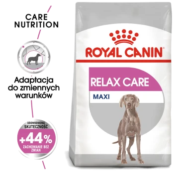 Torba karmy dla psów Royal Canin Relax Care Maxi, z różową etykietą z tekstem "RELAX CARE" i "MAXI", oraz grafiką psa.