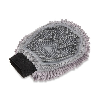 Grauer Haustier-Pflegehandschuh mit Silikon-Noppen auf der Handfläche, Mikrofaser-Chenille-Fransen und schwarzem elastischem Bund.