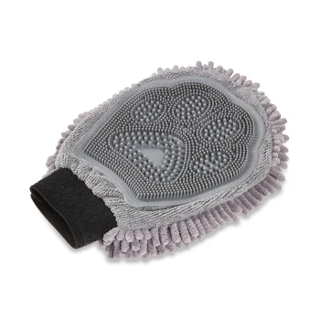 Grauer Haustier-Pflegehandschuh mit Silikon-Noppen auf der Handfläche, Mikrofaser-Chenille-Fransen und schwarzem elastischem Bund.