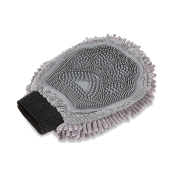 Grauer Haustier-Pflegehandschuh mit Silikon-Noppen auf der Handfläche, Mikrofaser-Chenille-Fransen und schwarzem elastischem Bund.