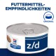 Hill's Prescription Diet z/d Dosenfutter für Haustiere mit Nahrungsmittelunverträglichkeiten, mit einem Aufreißdeckel und einem blau-weißen Etikett.