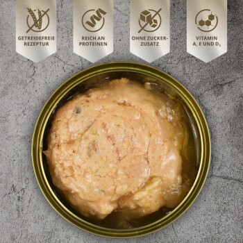Dosenfutter für Haustiere mit einer glatten, rosa Textur, beschriftet mit "Getreidefrei," "Hoher Proteingehalt," "Kein Zuckerzusatz," und "Vitamine A, E, D3."