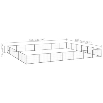 Schwarzer Metallspielbereich für Haustiere mit beschrifteten Abmessungen: 700 cm (275,6") lang, 600 cm (236,2") breit und 70 cm (27,6") hoch.