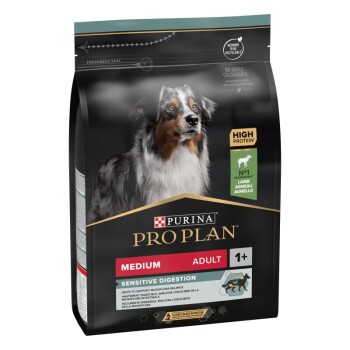 Croquettes pour chiens adultes de taille moyenne Purina Pro Plan pour digestion sensible, avec un chien sur l'emballage, riche en protéines, et de l'agneau comme ingrédient principal.